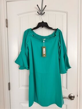 Trina Trunk Knox dress Off-Shoulder Ruffle Sleeve in Teal Green size M NWT
